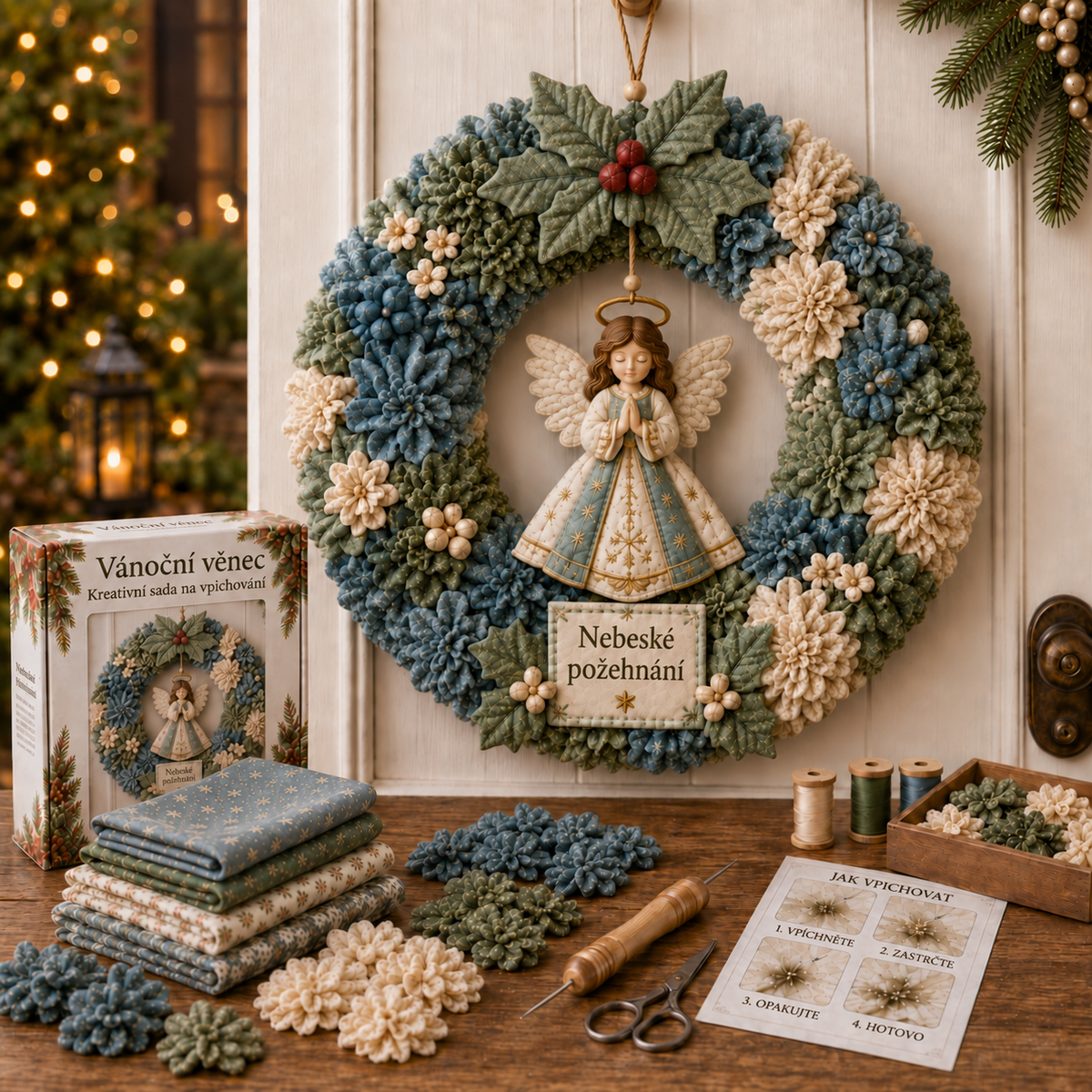 Kreativní sada na vpichování látkového věnce s andělem a českým návodem