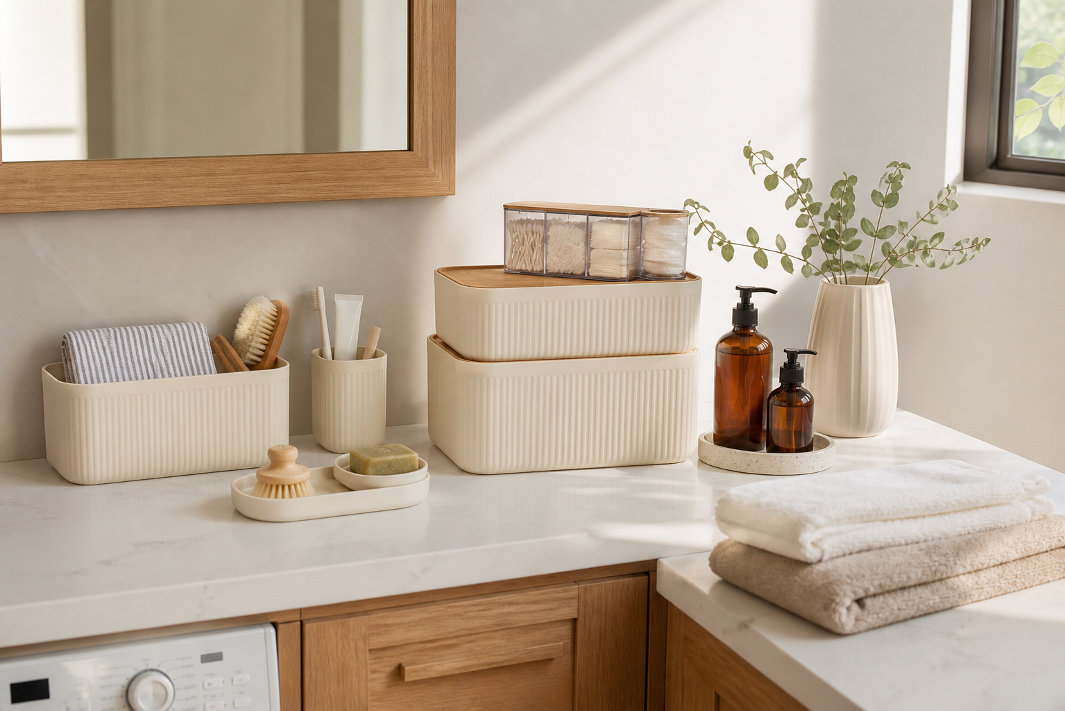 Warm bathroom counter with organized storage pieces